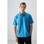 Petrol Mavi Pamuklu Kalın Yumuşak Dokulu Polo Yaka Oversize Fit Basic Erkek T- Shirt - 88382