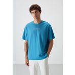 Petrol Mavi Pamuklu Kalın Yüzeyi Dokulu Oversize Fit Baskılı Erkek T-Shirt - 88364