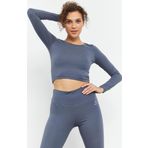 Petrol Uzun Kollu Dar Kalıp O Yaka Kadın Crop Top T-Shirt - 97150