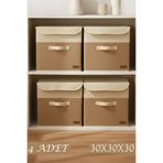 PH Prendi Home 4’lü Lino Garni Jüt Kapaklı Kumaş Dolap İçi Düzenleyici Kutu - 30x30x30 cm Katlanabilir Saklama Kutu