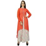 Phagun Çiçek Tasarımlı Pamuklu Kurti Etnik Kurta Günlük Kırmızı Beyaz Kadın Elbise