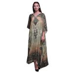 Phagun Çiçekli Damasko Kaftan Tatil Ev Giysisi Maksi Plaj Örtüsü Deniz Yosunu Yeşili Kadın Elbise