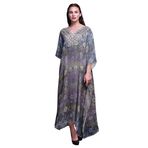 Phagun Çiçekli ve Leopar Desenli Uzun Plaj Kaftan Bikini Örtü Maksi Ametist Kadın Elbise