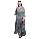 Phagun Çiçekli ve Leopar Desenli Uzun Plaj Kaftan Bikini Örtü Maksi Deniz Yeşili Kadın Elbise