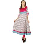 Phagun Etnik Bollywood Kurta Hint Pamuk Tasarımcı Kadın Kurti Kırık Beyaz ve Macenta Kadın Tunik Elbise