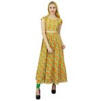 Phagun Etnik Tasarımcı Kurta Pamuk Çiçekli Anarkali Kurti Sarı Turuncu Kadın Elbise