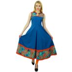 Phagun Günlük Tasarımcı Kurti Pamuk Etnik Kolsuz Anarkali Kurta Camgöbeği Mavi Turuncu Kadın Elbise