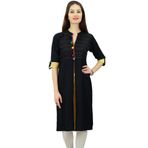 Phagun Hint Etnik Suni İpek Kurti Tasarımcı Pom Kurta Siyah Kadın Tunik