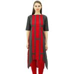 Phagun Hint Pamuk Tasarım Üst Asimetrik Etek Kurti Günlük Giyim Kurta Gri ve Kırmızı Kadın Tunik