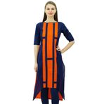 Phagun Hint Pamuk Tasarım Üst Asimetrik Etek Kurti Günlük Giyim Kurta Lacivert ve Turuncu Kadın Tunik