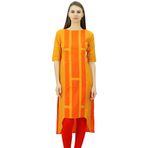 Phagun Hint Pamuk Tasarım Üst Asimetrik Etek Kurti Günlük Giyim Kurta Turuncu Kadın Tunik