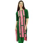 Phagun Hint Pamuk Tasarım Üst Asimetrik Etek Kurti Günlük Giyim Kurta Yeşil ve Pembe Kadın Tunik