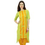 Phagun Hint Pamuk Tasarım Üst Asimetrik Etek Kurti Günlük Giyim Kurta Yeşil ve Turuncu Kadın Tunik