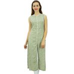Phagun Kadın Baskılı Pamuk Tunik Kolsuz Kurta Önü Kesim Kurti Zeytin Yeşili Kadın Tunik