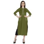 Phagun Kurti Günlük Uzun 3/4 Kollu Tasarımcı Boyun Etnik Kurta Zeytin Yeşili Kadın Elbise