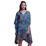 Phagun Mavi Çiçekli Etnik Kısa Plaj Kaftan Bikini Örtü Midi Medium Mavi Kadın Elbise