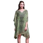 Phagun Mavi Çiçekli Şal Desenli Kısa Plaj Kaftan Bikini Örtü Midi Yeşilimsi Bej Kadın Elbise