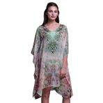 Phagun Mavi Çiçekli ve Kafatası Kaftan Tatil Ev Kıyafeti Midi Plaj Örtüsü Soluk Pembe Kadın Elbise