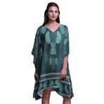 Phagun Mavi Çiçekli ve Şal Desenli Kaftan Tatil Ev Kıyafeti Midi Plaj Örtüsü Camgöbeği Mavisi Kadın Elbise