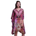 Phagun Mavi Çiçekli ve Şal Desenli Kaftan Tatil Ev Kıyafeti Midi Plaj Örtüsü Mor Kadın Elbise