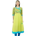 Phagun Özel Baskılı Pamuk Angrakha Tarzı Kurti Etnik Hint Tasarımcı Parti Kurta Limon Yeşili Kadın Elbise