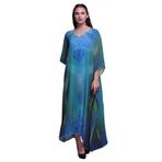 Phagun Paisley Etnik Uzun Plaj Kaftan Bikini Örtü Maksi Medium Mavi Kadın Elbise