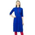 Phagun Pamuk Düz Kurti Tasarımcı Tunik Mandarin Yaka Etnik Günlük Kurta Kraliyet Mavisi Kadın Bluz