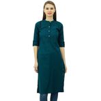 Phagun Pamuk Düz Kurti Tunik Mandarin Yaka Etnik Günlük Kurta Cam Göbeği Kadın Bluz