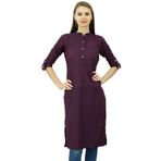 Phagun Pamuk Düz Kurti Tunik Mandarin Yaka Etnik Günlük Kurta Mor Kadın Bluz