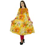 Phagun Pamuk Etnik Kurta 3/4 Kol Tasarımcı Anarkali Çiçekli Kurti Sarı Pembe Kadın Elbise