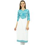Phagun Pamuk Tasarımcı Kurta Tunik Etnik 3/4 Kol Kurta Beyaz Kadın Tunik