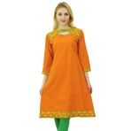 Phagun Pamuklu Kurti Etnik Düz Baskı Tasarımcı Kurta Günlük Turuncu Kadın Elbise