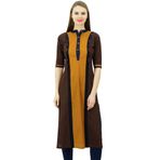 Phagun Pamuklu Tunik Üst Düz Kurta Günlük Yazlık Çin Yakalı Kahverengi ve Ocher Sarısı Kadın Bluz