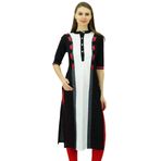 Phagun Pamuklu Tunik Üst Düz Kurta Günlük Yazlık Çin Yakalı Siyah ve Beyaz Kadın Bluz