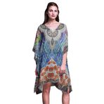 Phagun Plaj Kaftan Bikini Örtü Midi Kısa Kaftan Mavi Kadın Elbise