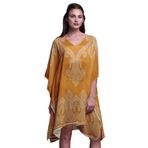 Phagun Siyah Çiçekli Şal Desenli Büyük Beden Kaftan Yaz Giysisi Plaj Örtüsü Kimono Goldenrod Kadın Elbise