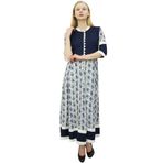 Phagun Suni İpek Baskılı Anarkali Kurta Kurti 3/4 Kollu Günlük Lacivert ve Beyaz Kadın Bluz