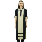 Phagun Suni İpek Düz Panelli Kurta Günlük Yazlık Tunik Siyah ve Bej Kadın Bluz