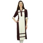 Phagun Suni İpek Düz Pannel Kurta Kurti 3/4 Kollu Günlük Yazlık Tunik Beyaz ve Kahverengi Kadın Bluz