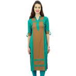 Phagun Suni İpek Düz Pannel Kurta Kurti 3/4 Kollu Günlük Yazlık Tunik Camgöbeği Yeşil ve Kahverengi Kadın Bluz