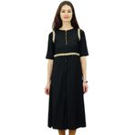 Phagun Suni İpek Kurti Dantel İş Şık Kurta Fermuarlı Ön Yırtmaçlı Siyah Kadın Tunik
