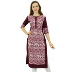 Phagun Tasarımcı Düz Kurta 3/4 Kol Baskılı Günlük Kurti Bordo Kadın Elbise