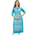 Phagun Tasarımcı Düz Kurta 3/4 Kol Baskılı Günlük Kurti Gök Mavisi Kadın Elbise