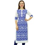Phagun Tasarımcı Düz Kurta 3/4 Kol Baskılı Günlük Kurti Kraliyet Mavisi Kadın Elbise