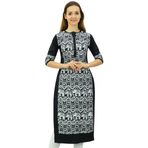 Phagun Tasarımcı Düz Kurta 3/4 Kol Baskılı Günlük Kurti Siyah Kadın Elbise