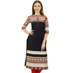 Phagun Tasarımcı Düz Kurti Etnik Bant Yaka Kurta Siyah Kadın Elbise