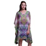 Phagun Yeşil Çiçekli ve Hayvan Derisi Plaj Kaftan Bikini Örtü Midi Kısa Kaftan Ametist Kadın Elbise