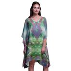 Phagun Yeşil Çiçekli ve Hayvan Derisi Plaj Kaftan Bikini Örtü Midi Kısa Kaftan Nane Yeşili Kadın Elbise