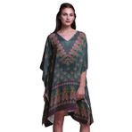 Phagun Yeşil Çiçekli ve Şal Desenli Kaftan Tatil Ev Kıyafeti Midi Plaj Örtüsü Camgöbeği Yeşili Kadın Elbise