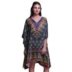 Phagun Yeşil Çiçekli ve Şal Desenli Kaftan Tatil Ev Kıyafeti Midi Plaj Örtüsü Lacivert Kadın Elbise